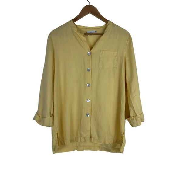 Hot Cotton Women's 100% Linen Yellow Long Sleeve Button Up Shirt Medium - Picture 1 of 14